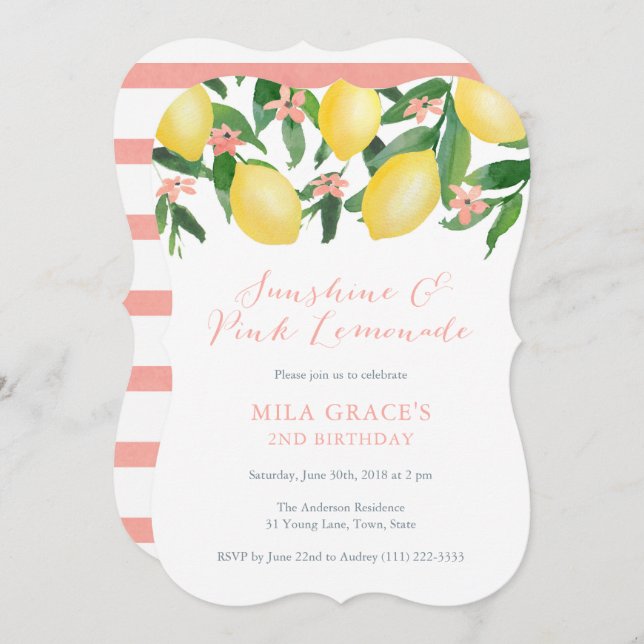 Convite Festa de aniversário de Lemonade Girl Lemons rosa (Frente/Verso)