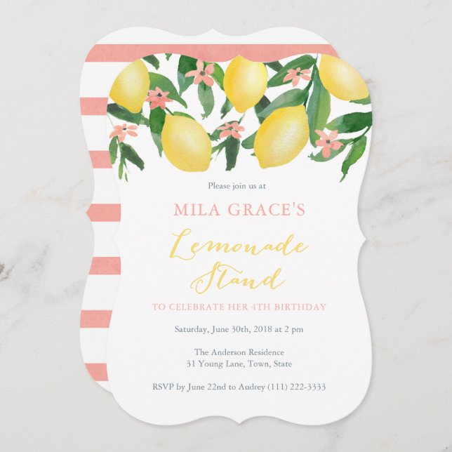Convite Festa de aniversário De Limonada Para Menininha (Frente/Verso)