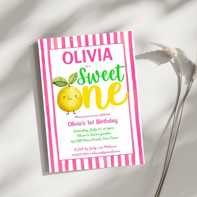 Convite Festa de aniversário de limonada rosa doce (Sweet one pink lemonade cute summer girls birthday party invitation template instant download)