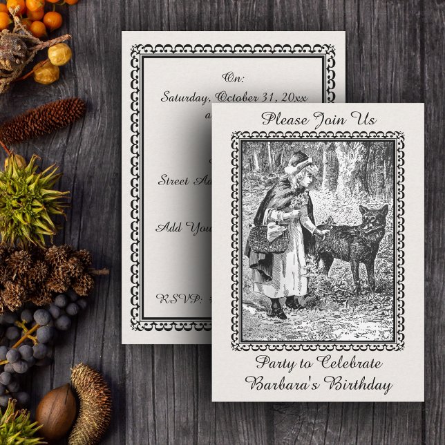 Convite Festa de aniversário De Lobo De Capim Vermelho Vin (Black white Vintage Little Red Riding Hood with wolf in woods on birthday party invitations.)