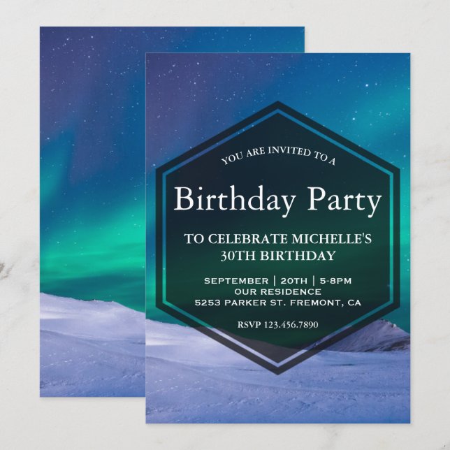 Convite Festa de aniversário de Luzes Polares do Gelo Auro (Frente/Verso)