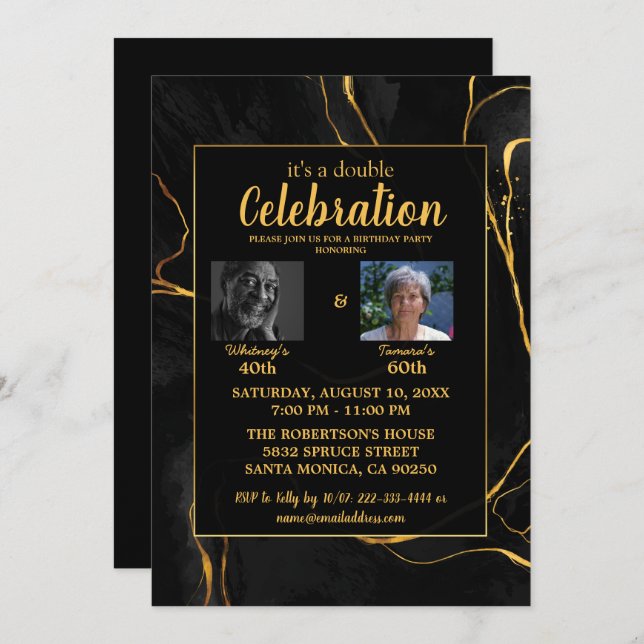 Convite Festa de aniversário de mármore Dourada e preto el (Frente/Verso)