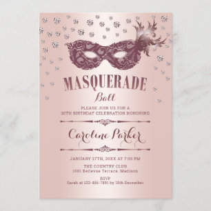 Convite Festa de aniversário de Mascarada rosa Dourado Ro