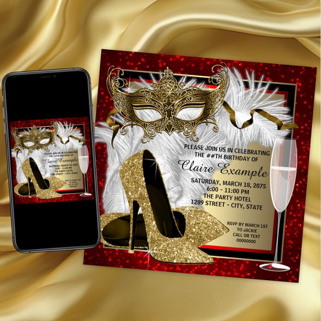Convite Festa de aniversário de Mascarada vermelha e Doura (Womans red gold masquerade party invitation with mask and high heel shoes. Download and printed.)
