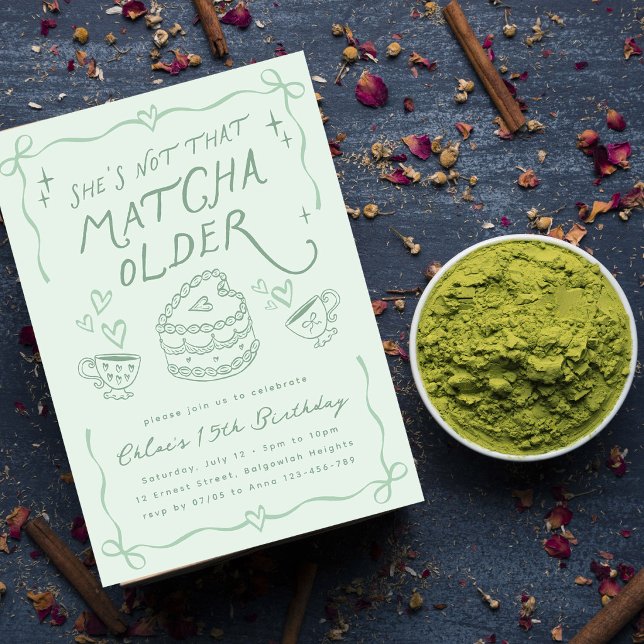 Convite Festa de Aniversário de Matcha Desenhada à Mão, Fe (Criador carregado)