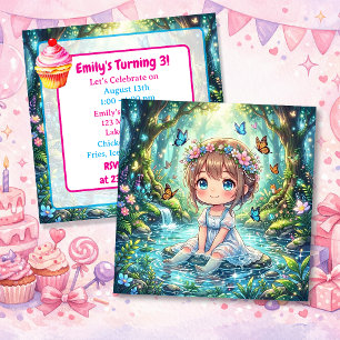 Convite Festa de Aniversário de Menina Chibi Fofo na Flore