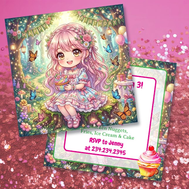 Convite Festa de Aniversário de Menina Chibi Rosa com Cupc (Criador carregado)