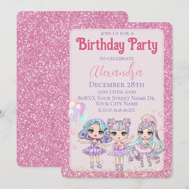 Convite Festa de Aniversário de Menina com Bonecas Glitter (Frente/Verso)