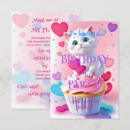 Convite Festa de Aniversário de Menina com Gatinho Branco