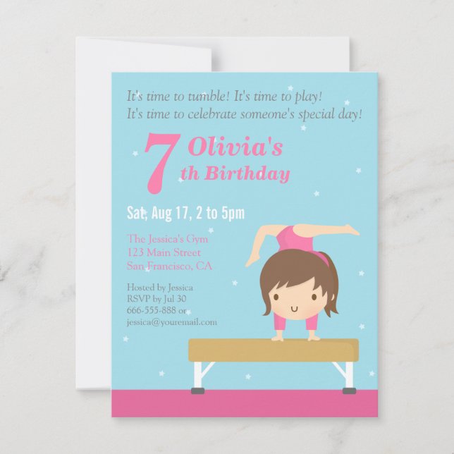 Convite Festa de Aniversário de Menina de Ginástica no Tra (Frente)
