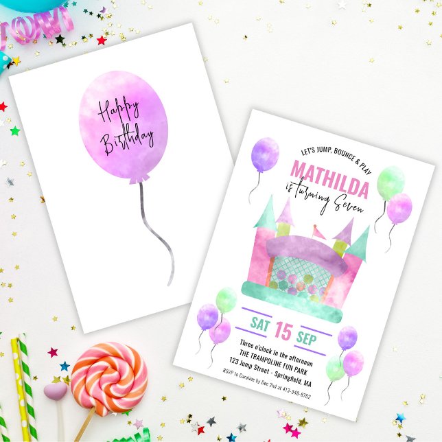 Convite Festa de aniversário de Menina de Trampoline de Sa (Bounce House Jump Trampoline Girl Birthday Party Invitation)
