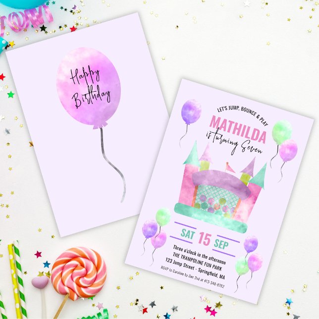 Convite Festa de aniversário de Menina de Trampoline de Sa (Bounce House Jump Trampoline Girl Birthday Party Invitation)