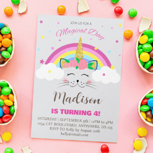 Convite Festa de Aniversário de Menina Dia Mágico Gato Uni