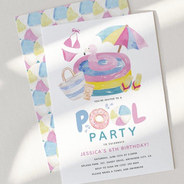 Convite Festa de Aniversário de Menina na Piscina (Cute Girly Pool Party Birthday Invitation)