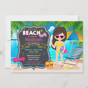 Convite Festa de Aniversário de Menina Tropical na Praia d