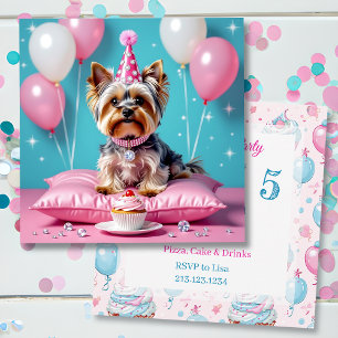 Convite Festa de Aniversário de Menina Yorkie Rosa Fofa