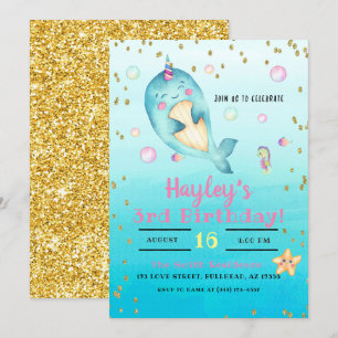 Convite Festa de Aniversário de Meninas com Pastel de Aqua