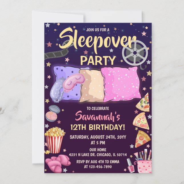 Convite Festa de Aniversário de Meninas com Pernoite (Frente)
