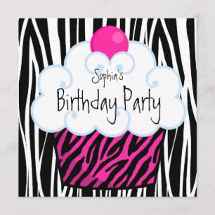 Convite Festa de Aniversário de Meninas Cupcake Zebra Rosa