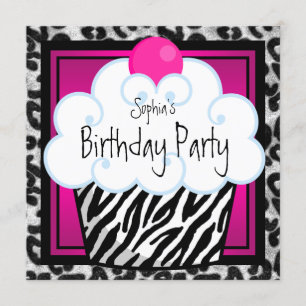 Convite Festa de Aniversário de Meninas Cupcake Zebra Rosa