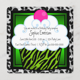 Convite Festa de Aniversário de Meninas Cupcake Zebra Verd