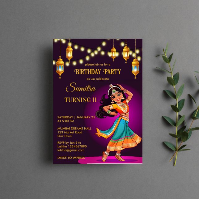 Convite Festa de aniversario de meninas de Bollywood (Indian Bollywood girls birthday party template invitation digital download purple and gold cute girl)