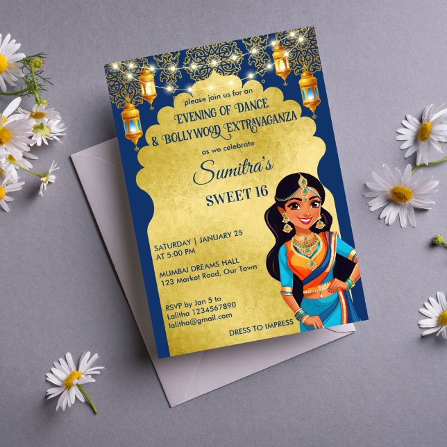 Convite Festa de aniversario de meninas de Bollywood (Indian style Bollywood girls birthday party template invitation digital download blue and gold)