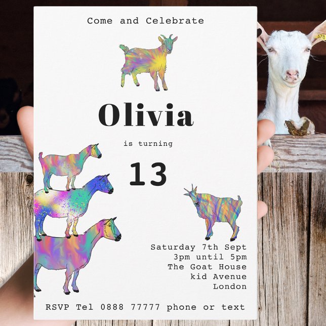 Convite Festa de aniversario de meninas de Caprinos Gelado (Goat themed farm animal 13th birthday party invitation with fun colorful watercolor animal art)