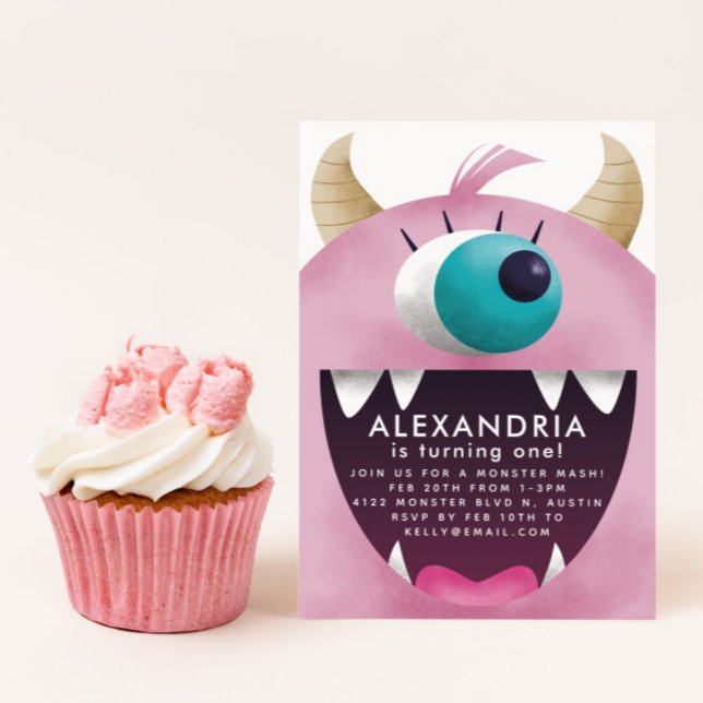 Convite Festa de aniversario de meninas de Monstro Rosa (Criador carregado)