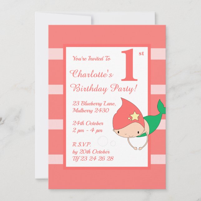 Convite festa de aniversario de meninas de Pêssego Sereia (Frente)