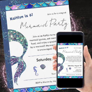 Convite Festa de aniversario de meninas de Sereia Glitter 