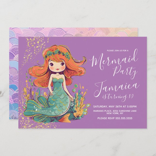 Convite Festa de aniversario de meninas de Sereia Roxo (Frente/Verso)