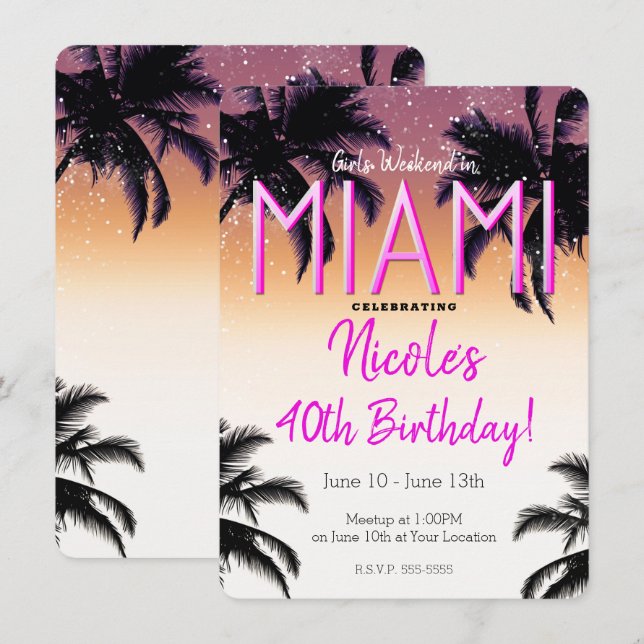 Convite Festa de Aniversário de Meninas de Verão em Miami (Frente/Verso)