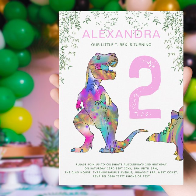 Convite Festa de aniversario de meninas do Dinossauro T-Re (T-Rex dinosaur girls 2nd birthday party with colorful tyrannosaurus and stegosaurus )