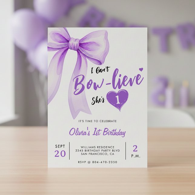 Convite Festa de Aniversário de Meninas Fofas com Laço Rox (Purple Bow Cute Girls Birthday Party Invitation
)