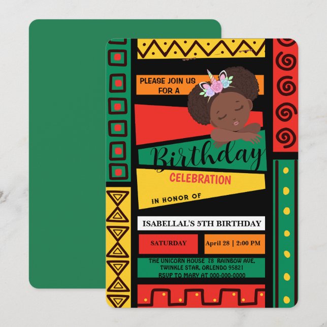 Convite Festa de aniversario de meninas moderna afro-ameri (Frente/Verso)