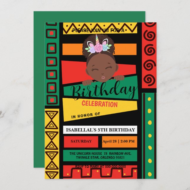 Convite Festa de aniversario de meninas moderna afro-ameri (Frente/Verso)