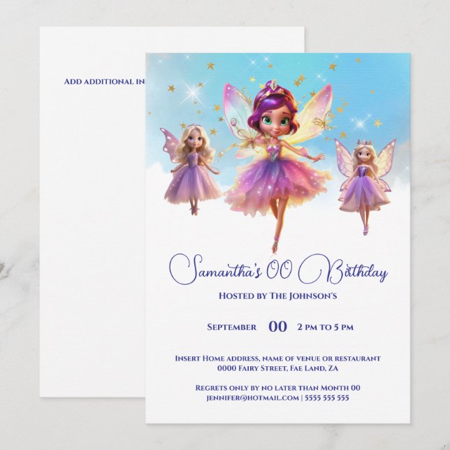 Convite Festa de aniversário de meninas princesa fada (Frente/Verso)