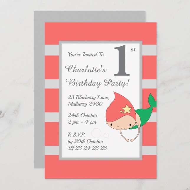 Convite festa de aniversario de meninas Sereia de Laranja (Frente/Verso)