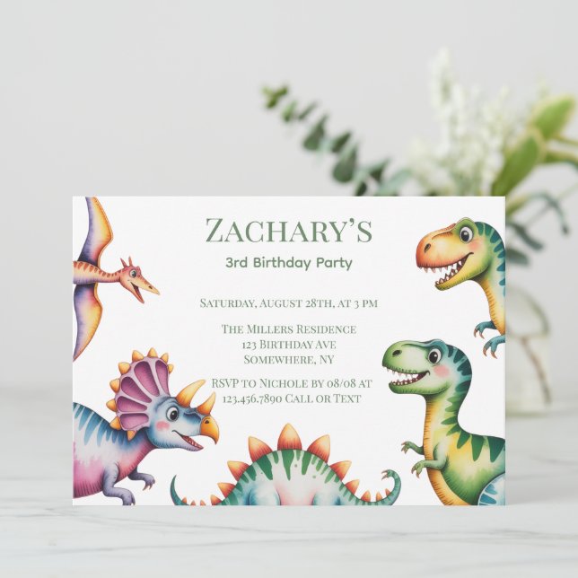 Convite Festa de Aniversário de Menino com Tema de Dinossa (Em pé/Frente)