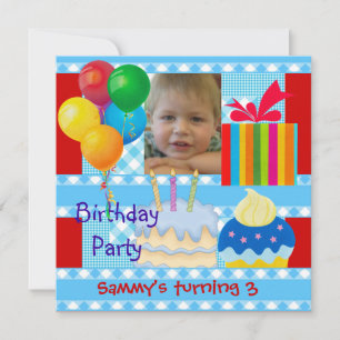 Convite Festa de Aniversário de Menino de 3 Anos Azul Verm