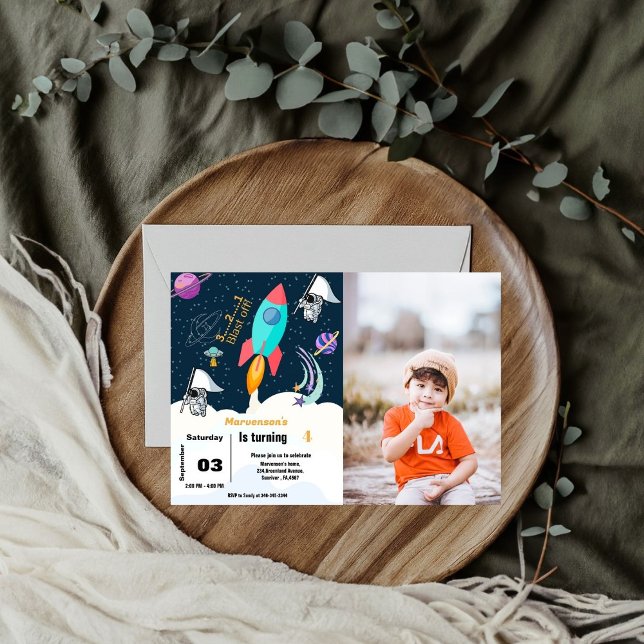 Convite Festa de aniversário de menino no planeta do espaç (Criador carregado)