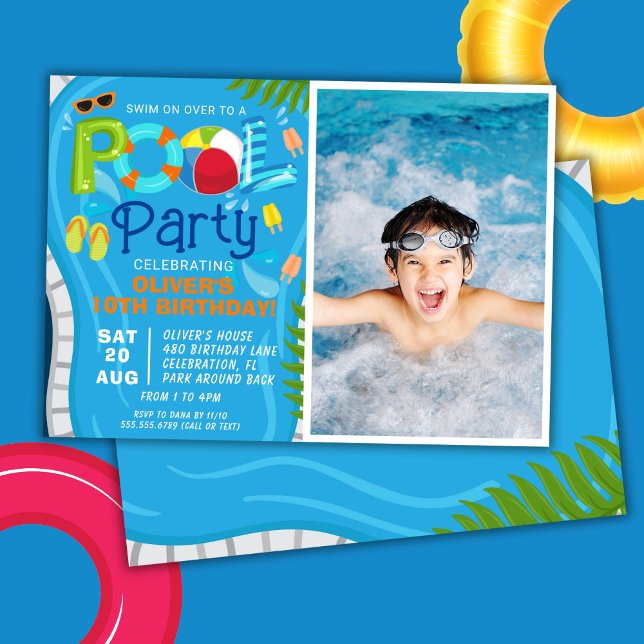 Convite Festa de Aniversário de Menino no Verão com Piscin (Criador carregado)