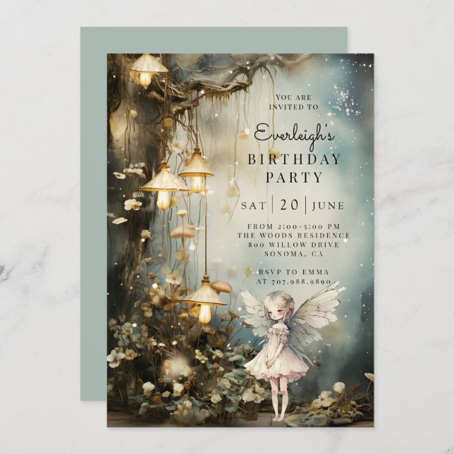 Convite Festa de aniversário de moça de fada (Frente/Verso)