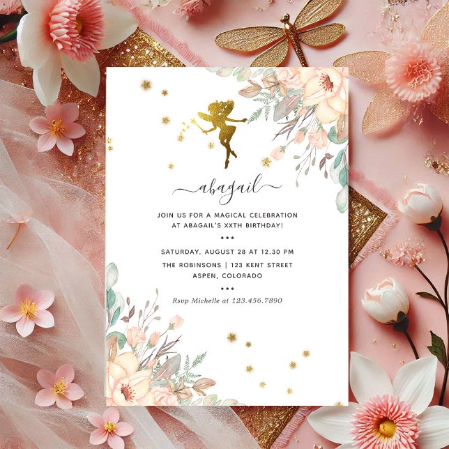 Convite Festa de aniversário de moças, com tema Fada, rosa (Pink and Gold Fairy themed Girl Birthday Party Invitation)