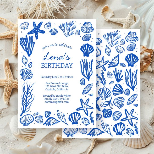 Convite Festa de aniversário de Moldura Azul Praia PERSONA (Seashells Frame Birthday Party Blue Beach CUSTOM Invitation
)