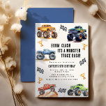 Convite Festa de aniversário de Monstros de Crianças Moder<br><div class="desc">Atenção a todos os pequenos animais de festa! Prepare-se para acelerar a diversão com o nosso 'BOOM, CLASH ITS A MONSTER TRUCK BASH' Birthday Kids Monster Car Trucks Invitation. Adorado com carros monstruosos adoráveis e vibrantes, este moderno roteiro de tipografia nos convida a participar da celebração. Vamos caminha até o...</div>