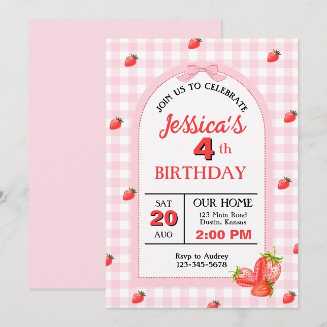 Convite Festa de aniversário de morango bonito, cor-de-ros (Frente/Verso)