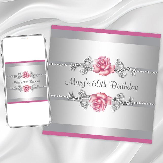 Convite Festa de Aniversário de Mulher com Rosa Rosa (Pink rose any birthday pr event invitation. Instant download and printed invitations available.)