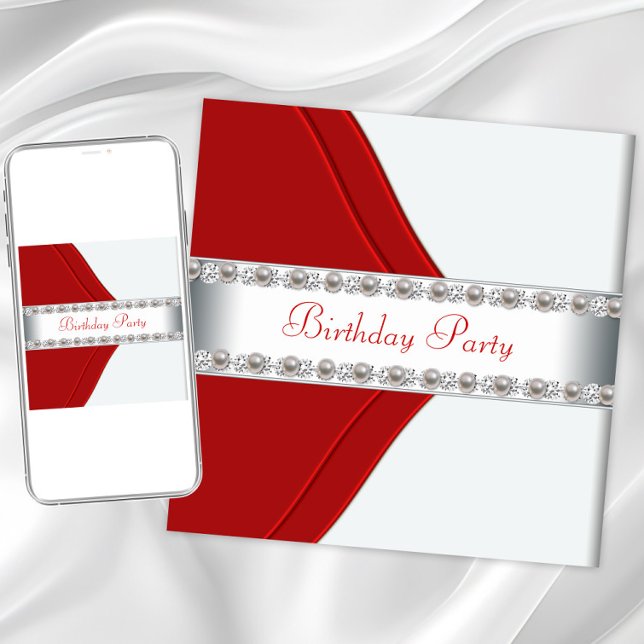 Convite Festa de Aniversário de Mulheres Brancas e Vermelh (Red white pearl birthday any occasion invitation. Instant download and printed invitations available)